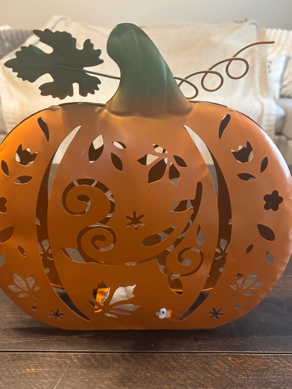 Metal Pumpkin Lantern in Orange with Green Stem